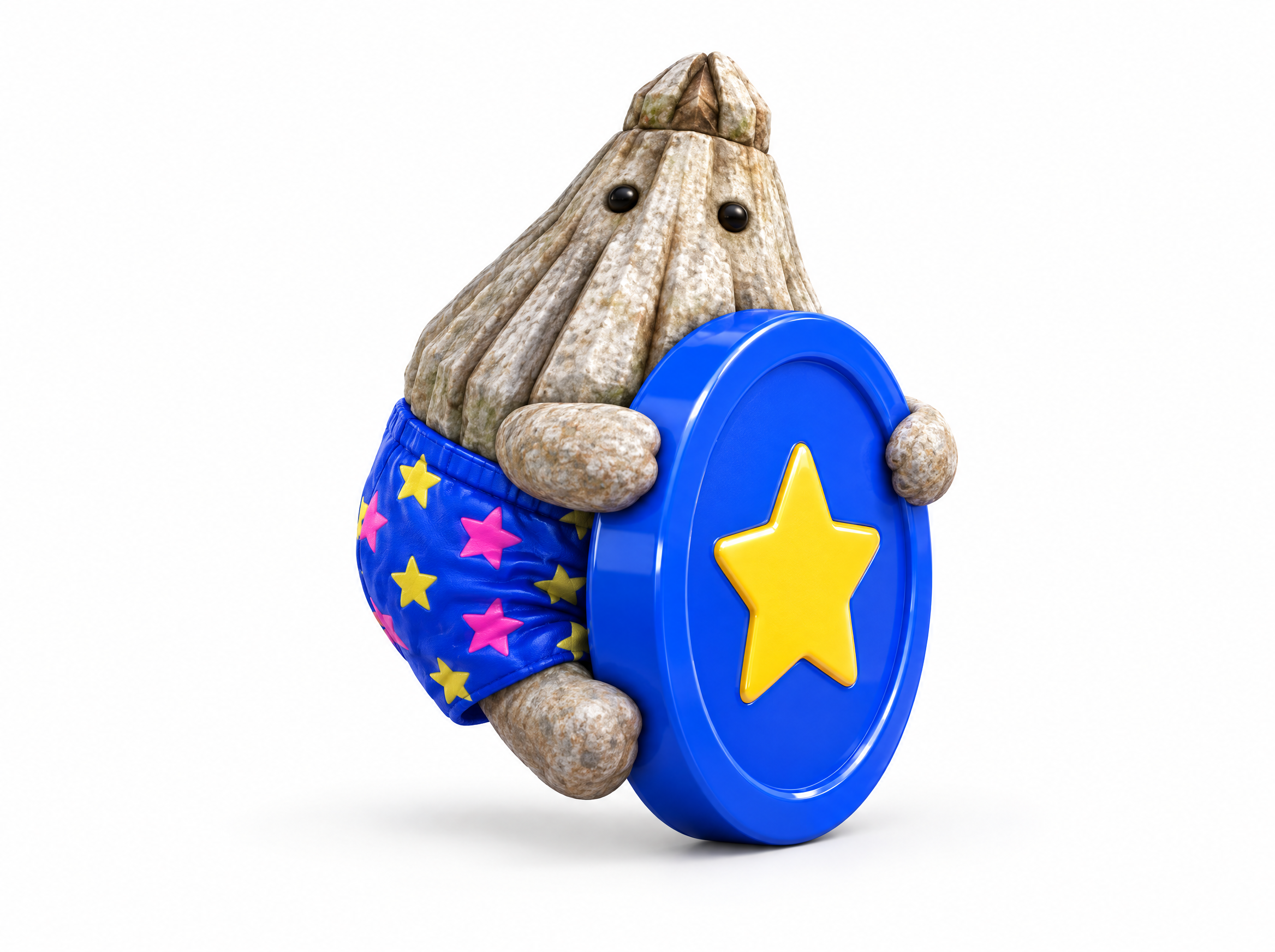 The barnacle mascot hugging a big blue star coin