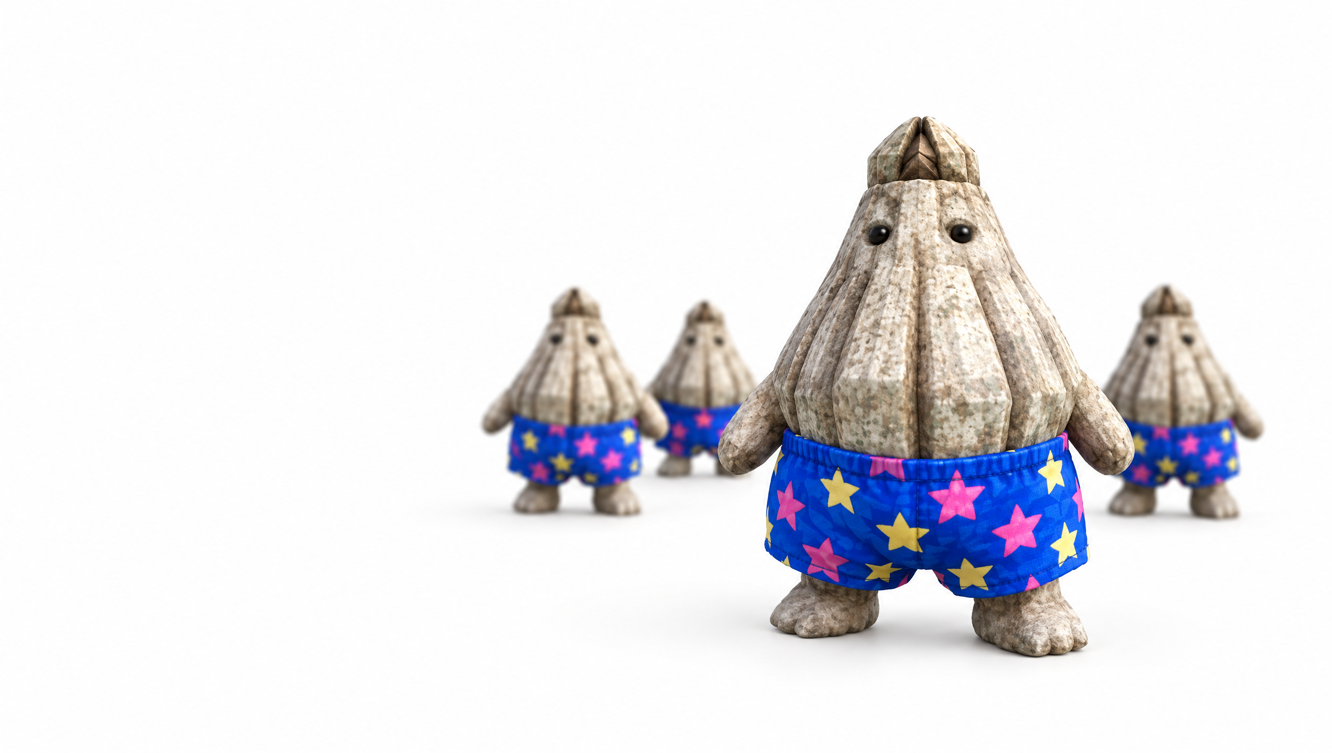 a crew of barnacle mascots in star-print swim trunks